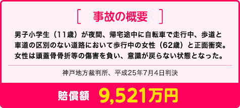 事故の概要
男子小学生（11歳）が夜間、帰宅途中に自転車で走行中、歩道と車道の区別のない道路において歩行中の女性（62歳）と正面衝突。女性は頭蓋骨骨折等の傷害を負い、意識が戻らない状態となった。
賠償額9,521万円