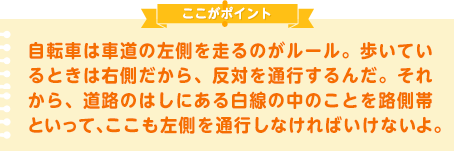 自転車は車道の左側を走るのがルール。歩いているときは右側だから、反対を通行するんだ。それから、道路のはしにある白線の中のことを路側帯といって、ここも左側を通行しなければいけないよ。
