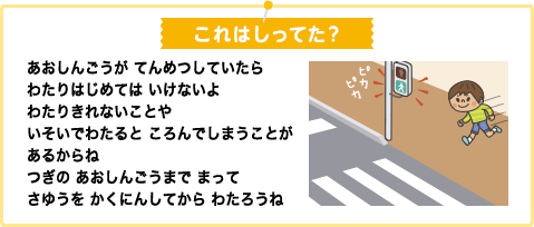 これはしってた？
あおしんごうが てんめつしていたら わたりはじめては いけないよ わたりきれないことや いそいでわたると ころんでしまうことが あるからね つぎの あおしんごうまで まって さゆうを かくにんしてから わたろうね