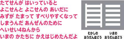 たてせんが はいっているとよこせんと よこせんの あいだにみずが たまって すべりやすくなってしまうんだ あんぜんのためにへいせい4ねんからいまの かたちに かえはじめたんだよ