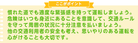 慣れた道でも適度な緊張感を持って運転しましょう。危険はいつも身近にあることを意識して、交通ルールを守って周囲の状況に十分注意を払いましょう。
他の交通利用者の安全も考え、思いやりのある運転を心がけることも大切です。