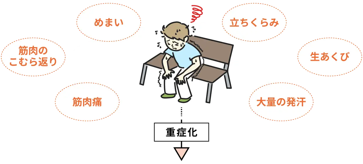 めまい、立ちくらみ、筋肉のこむら返り、生あくび、筋肉痛、大量の発汗 → 重症化