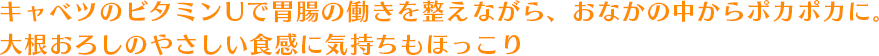 キャベツのビタミンUで胃腸の働きを整えながら、おなかの中からポカポカに。大根おろしのやさしい食感に気持ちもほっこり