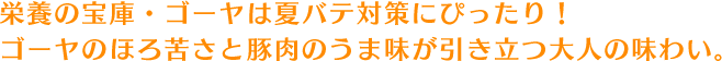 栄養の宝庫・ゴーヤは夏バテ対策にぴったり！ゴーヤのほろ苦さと豚肉のうま味が引き立つ大人の味わい。